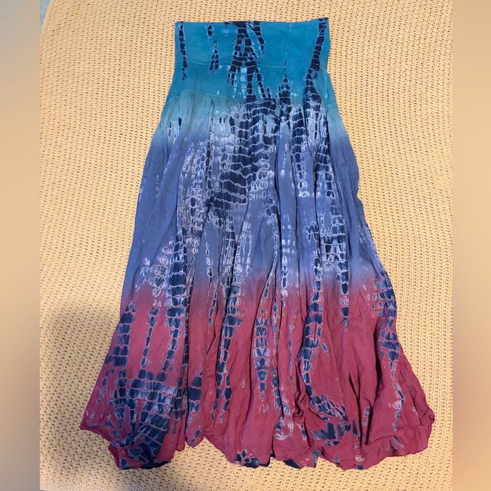 Tie-Dye A-Line Maxi Skirt in Teal, Blue & Maroon